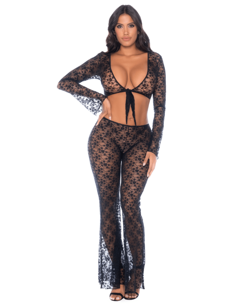Top et pantalon en dentelle florale noire 